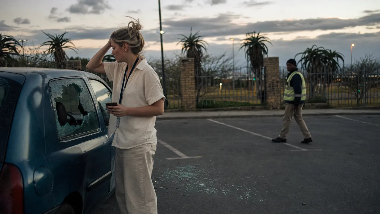 A young woman in a parking lot at dusk, looking at her car's broken window.