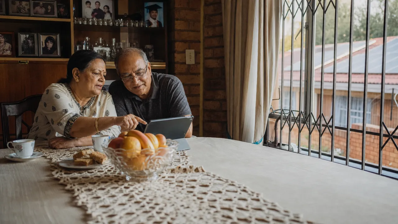 A retired couple at their dining table, reading something on a tablet together.